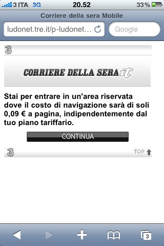 Addebito corriete della sera su rete tre italia mobile